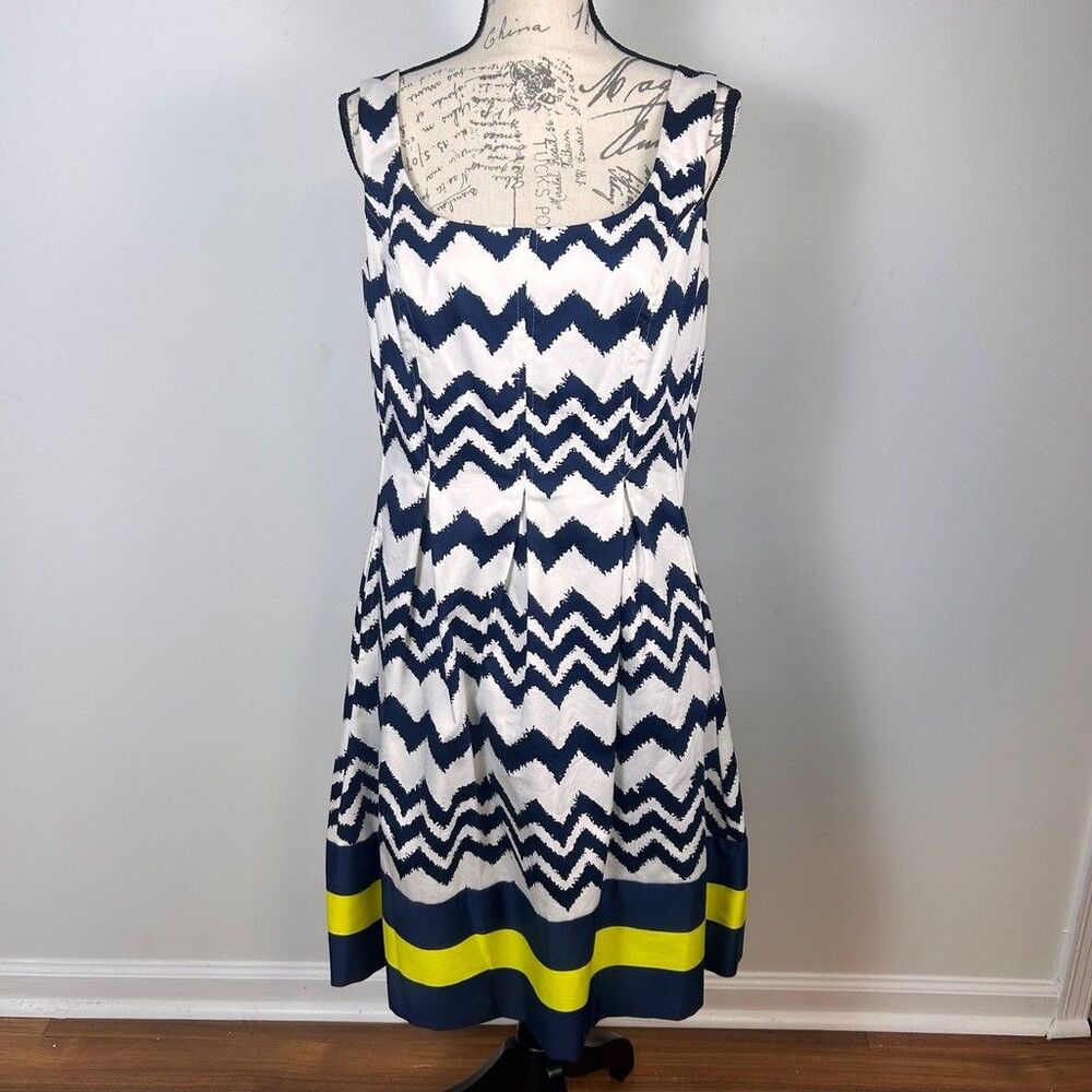 Navy Blue White Chevron Print A-Line Dress Yellow Stripe Accent Sz 12